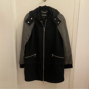 Express black overcoat with herringbone sleeves